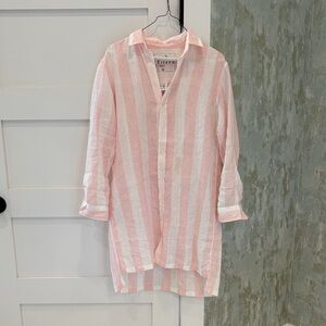 Pink and White Striped Button-Up Linen Shirt Dress